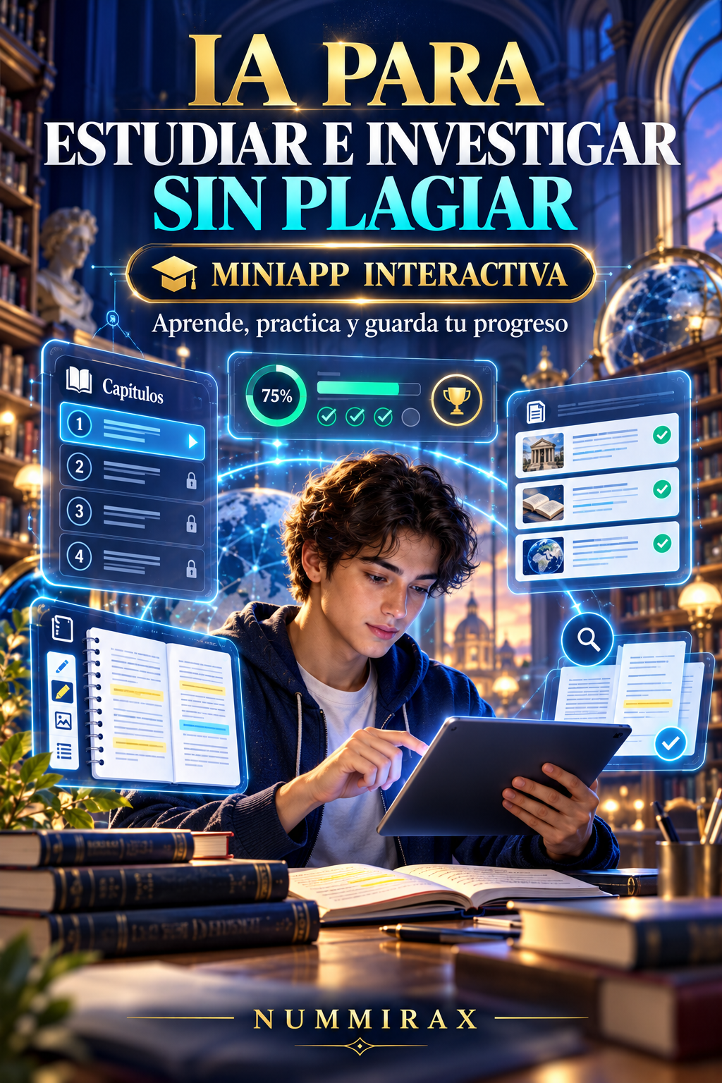 Portada de IA para estudiar e investigar sin plagiar — Miniapp interactiva